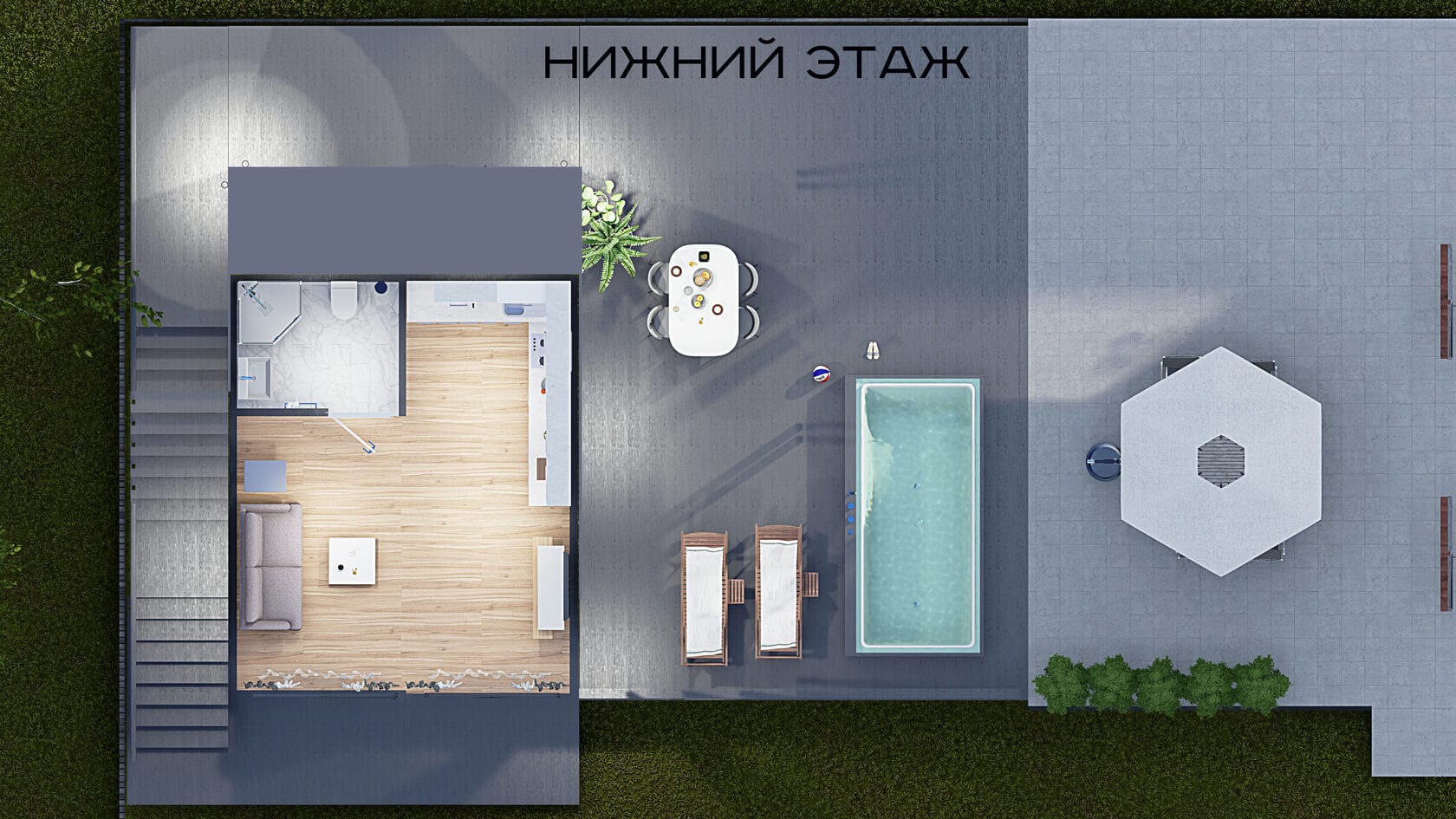 планировка нижнего этажа каркасного гостевого дома GUEST HOUSE