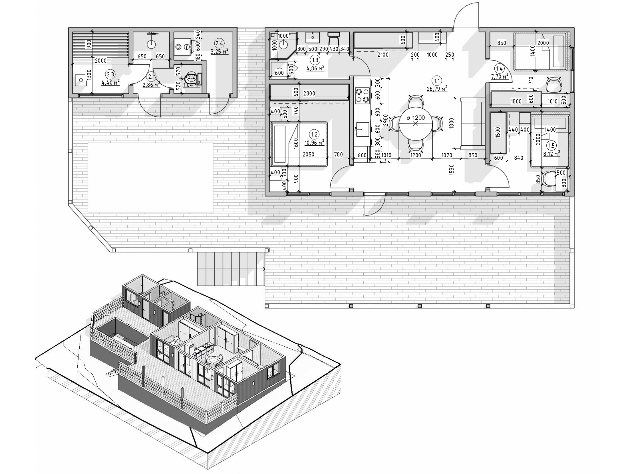 Планировка трёхкомнатного одноэтажного каркасного дома Comfort с баней и бассейном на участке 