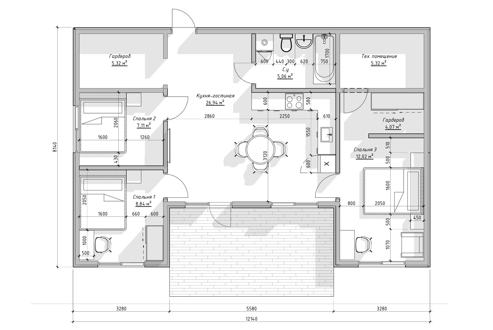 Планировка каркасного дома Comfort с двумя пристройками
